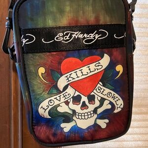 ED HARDY CROSSBODY BAG, SKULL & CROSSBONES 🏴LOVE KILLS SLOWLY, DARK RAINBOW 🌈